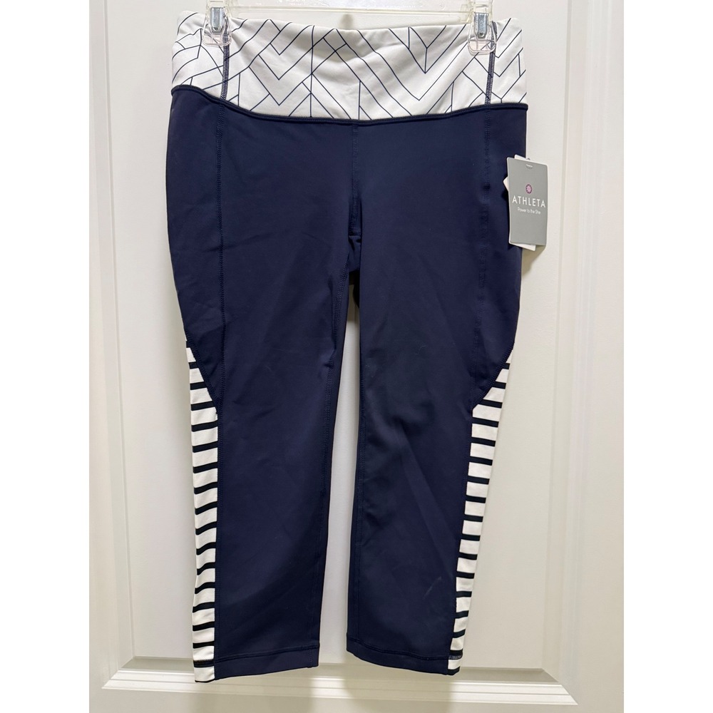 Athleta Stripe Revelation Capri Navy Blue White Geometric Striped Leggings M NEW